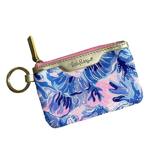 Lily Pulizer ID Case Zip Pouch Keyring Pink Beach Embossed Womens Gold Ocean - Picture 1 of 6